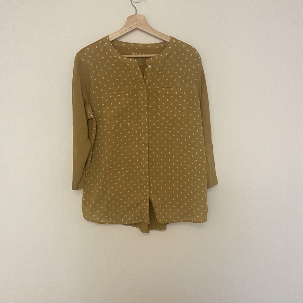 Van Heusen Women’s Mustard Yellow Polka Dot Button Blouse, Size Large